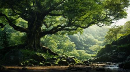 Very big green tree with long branches in warm light. Generative AI.の素材