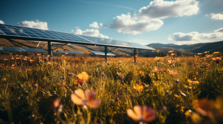 Solar energy pannel in big solar farm in warm light tone . Generative AIの素材