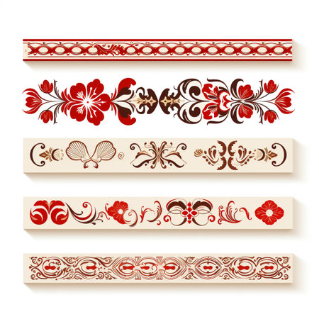 Decorated border pattern set for frame and border in red and gold tone, Generative AI.の素材