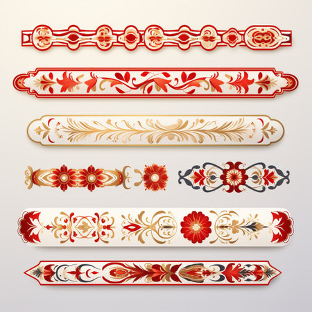 Decorated border pattern set for frame and border in red and gold tone, Generative AI.の素材