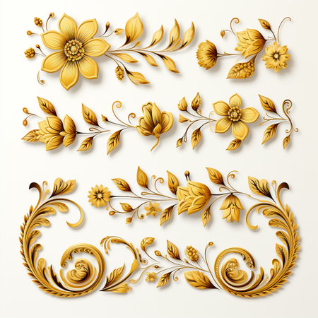 Luxury decorated border pattern set for fram and border in gold tone for prints and web. design. Generative AI.の素材
