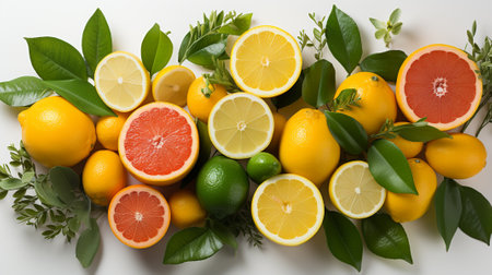 Various citrus fruits, lemon, lime, grapefruit and orange in both half and full fruit with leaves. Generative AI.の素材