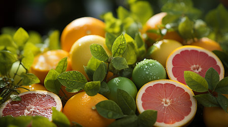Various citrus fruits, lemon, lime, grapefruit and orange in both half and full fruit with leaves. Generative AI.の素材