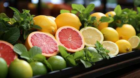 Various citrus fruits, lemon, lime, grapefruit and orange in both half and full fruit with leaves. Generative AI.の素材