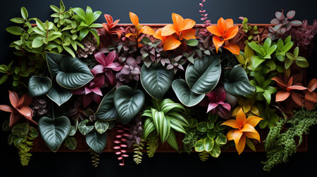 Various kind of plants and flowers for vertical garden, wall garden decoration for indoor design. Generative AI.の素材