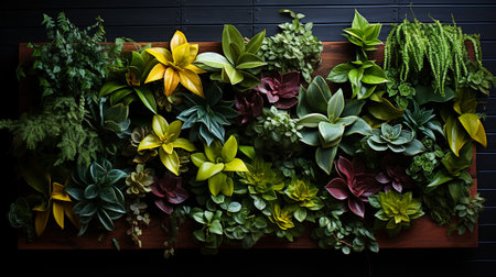 Various kind of plants and flowers for vertical garden, wall garden decoration for indoor design. Generative AI.の素材