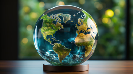 Globe transparent model on wood table with blurred background. Generative AI.の素材