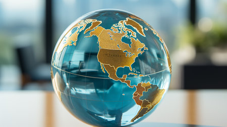 Globe transparent model on wood table with blurred background. Generative AI.の素材