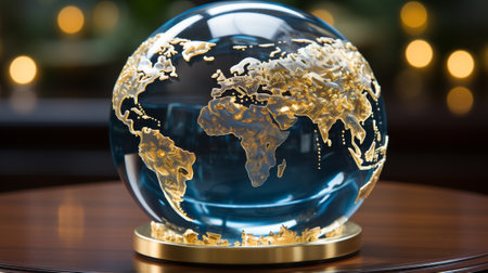 Globe transparent model on wood table with blurred background. Generative AI.の素材