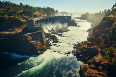Clean energy by hydropower plant at the dam from downstream water. Generative AI.の素材