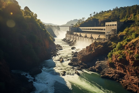 Clean energy by hydropower plant at the dam from downstream water. Generative AI.の素材