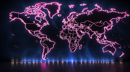 World map 2D with neon line. Generative AI.の素材
