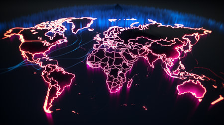 World map 2D with neon line. Generative AI.の素材