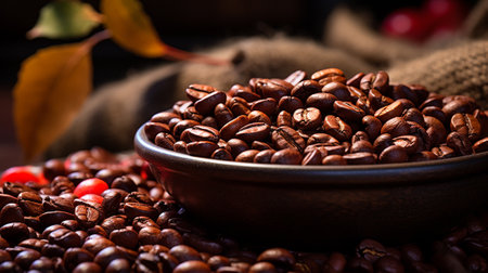 Roasted coffee beans prepared to make a very good coffee drink shot. A best coffee come from Brazil. generative AI.の素材