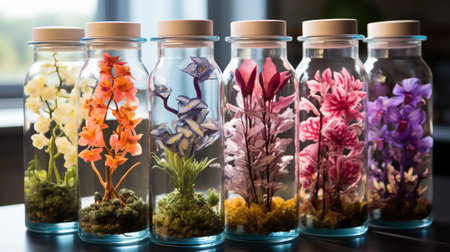 Orchids from tissue culture technology grows in glass bottle. Generative AI.の素材