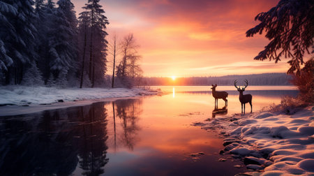 Deer in winter nature with sunset at the lake. Generatve AI.の素材