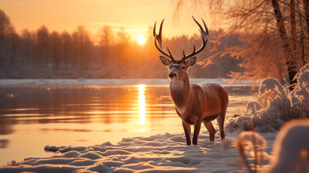 Deer in winter nature with sunset at the lake. Generatve AI.の素材