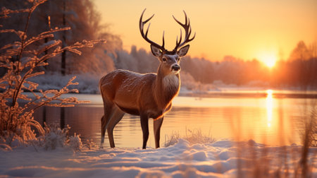 Deer in winter nature with sunset at the lake. Generatve AI.の素材