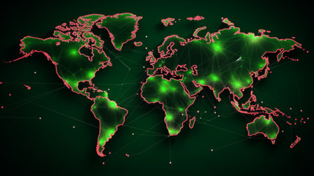 World map 2D with neon line on dark background. Generative AI.の素材