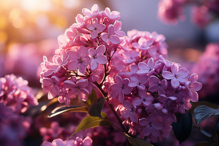 Purple Lilac on natural blurred background with warm light.. Purple lilacs symbolize the first emotions of loveの素材