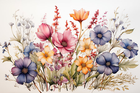 Watercolor flowers bouquet decoration isolated on white background with copyspace for frame card calendar and menu.の素材
