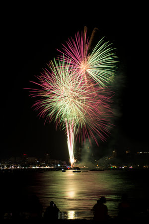 Colorful fireworks celebration with people and the city night light background at the seaside.の写真素材