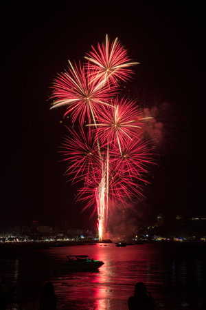 Colorful fireworks celebration with people and the city night light background at the seaside.の写真素材