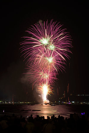 Colorful fireworks celebration with people and the city night light background at the seaside. Copy space on the right.の写真素材