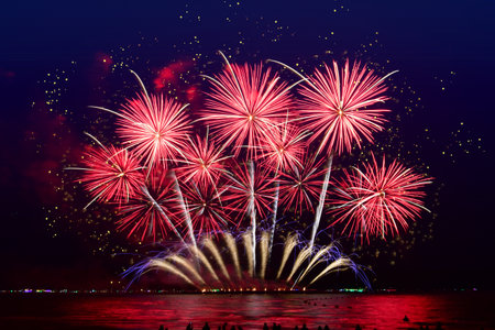 Colorful fireworks celebration and the city night light background.の写真素材