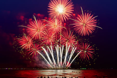 Colorful fireworks celebration and the city night light background.の写真素材