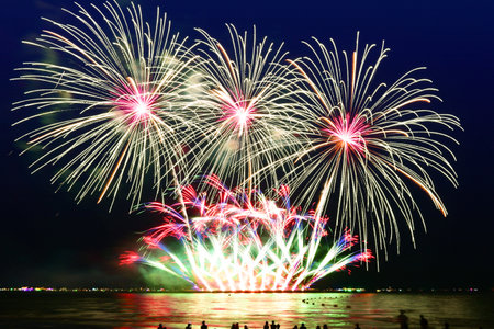 Colorful fireworks celebration and the city night light background.の写真素材