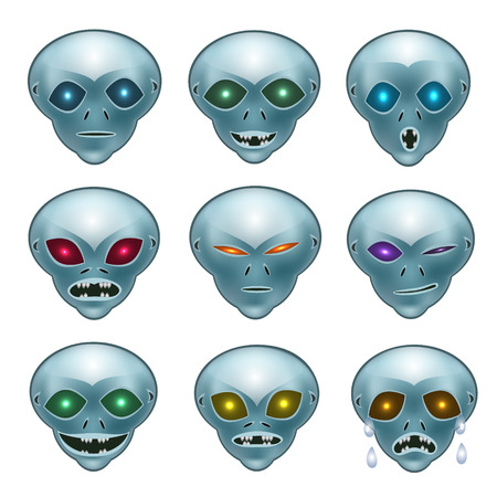 Grey aliens their desires and emotions faces show what they want: smile, laughter, anger, crying, suspicion, hatred, doubt.のイラスト素材