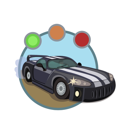 Black racing car with two white stripes ready for a sports competition on the track to victory!のイラスト素材