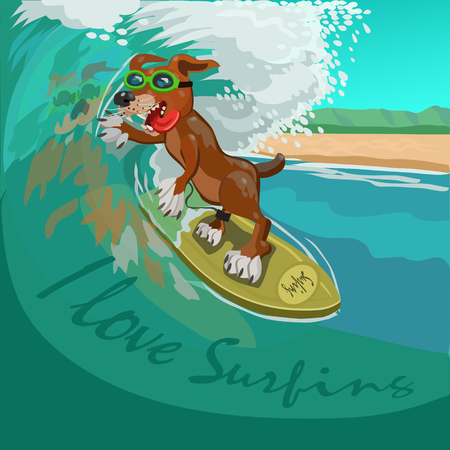 Dog surfer on the Board caught a wave and joyful and happy for this moment, the energy of water to roll on the wave!のイラスト素材
