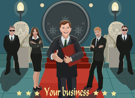 Invited to work in the business, working as a team of business to the company and to the Bank where you can store your savings and increase profitsのイラスト素材