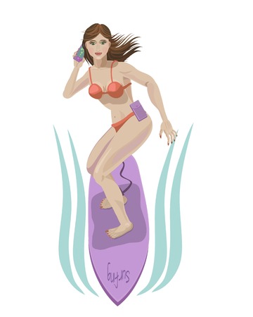 Girl surfer is calling on the mobile phone, she is agile and quickのイラスト素材