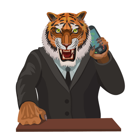 Tiger angry talking on a cell phone, a supervisor gives instructions or disobeys the instructions to make a screensaver on your phone who is calling you?のイラスト素材
