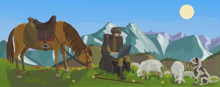 Shepherd herding sheep in the mountains and through the laptop is being rewritten on the Internet with your friends around the world!のイラスト素材