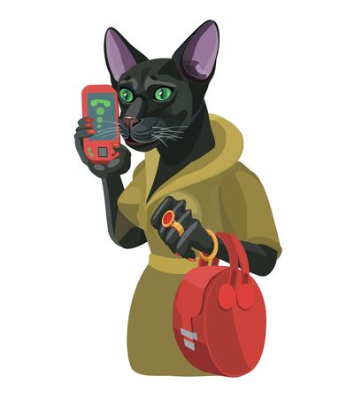 Black cat girl talking on a mobile phone, she is very attentive and smart, great lady to make a screensaver who is calling you!のイラスト素材