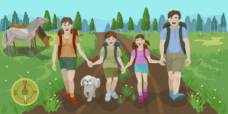 Walking family of tourists towards the protected natural places.のイラスト素材