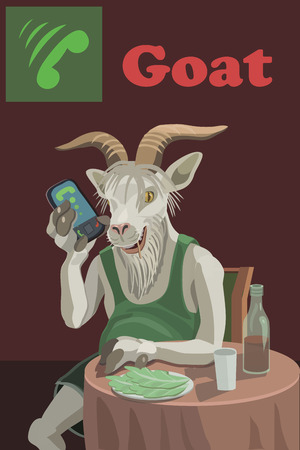 A goat sits at the table he drinks wine jammed cabbage, he is indifferent to others to friends and relatives, and everyone who condemns it and surround!のイラスト素材