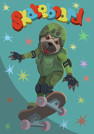 Dog pug rides a skateboard he flies up on the Board and enjoys this moment of happiness!のイラスト素材