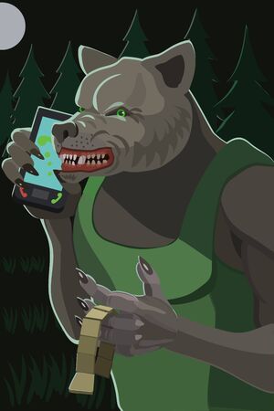 Wolf angry talking on a mobile phone in the woods at night, in the hands of twirling a rosary make a screensaver on your phone who is calling you?のイラスト素材
