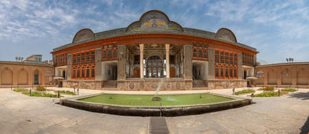 Shiraz, Iran,17 july 2021 panorama view from Persian garden of Narenjestan Ghavam or Qavam with its historic pavilion and engineered system of canals and fountains.のeditorial素材
