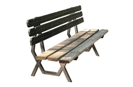 old wooden park bench isolated on a white background, Surface eroded by time, the collection of Old woods background or texture.の写真素材