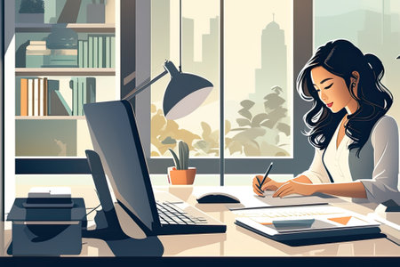 Businesswoman working in office with city view background. Vector illustration.の素材