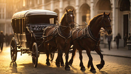 Horse-drawn carriages in the old townの素材