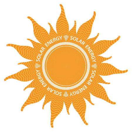 Orange abstract sun shape with inside power waves. isolated on white background. the text solar energy is around the circle.のイラスト素材