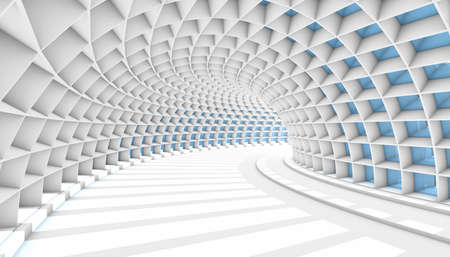White Abstract Tunnel with blue rectangle windows. 3d Render illustrationの写真素材