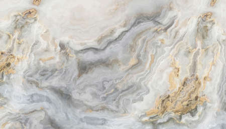 White marble pattern with curly grey and gold veins. Abstract texture and background. 2D...